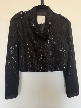 Anthropologie Black Sequin Cropped Moto Jacket